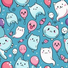 Seamless pattern of playful ghost puppies and bouncing balls, Generative AI
