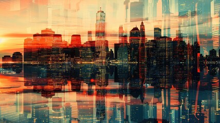A creative double exposure featuring a cityscape overlaid with abstract lines and patterns, symbolizing urban innovation and progress.
