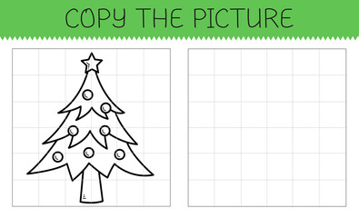 Copy the picture is an educational game for kids with cute christmas tree. Cute cartoon christmas tree coloring book