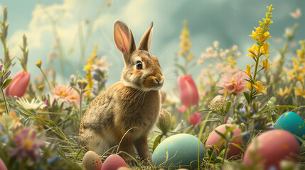 easter bunny with easter eggs flower leves plants 