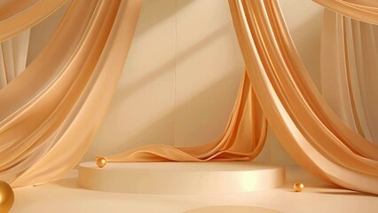 A beige podium with draped fabric and gold spheres, creating an elegant backdrop for product display in the style of minimalist stage designs