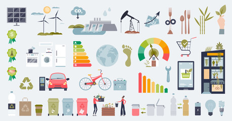 General eco friendly elements for clean lifestyle tiny person collection set. Items with green electricity production from renewable resources vector illustration. Waste management for eco living.