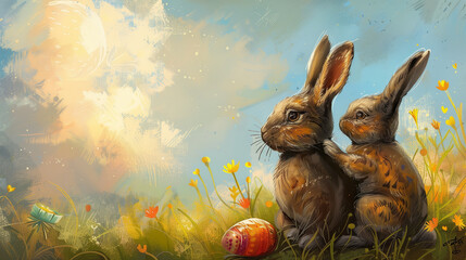 easter bunny in the grass with litte baby