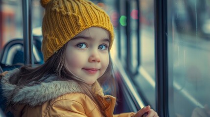 Smiling little girl riding bus looking away, beautiful  girl taking bus to work, lifestyle concept. Young smiling woman holding onto a handle while traveling by public bus.