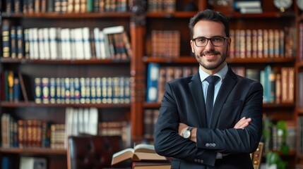 Fototapeta premium A blend of a lawyer in a law office setting with legal education and training elements, illustrating the journey to becoming a lawyer.