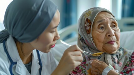 Caring nurse assisting elderly woman with meal. Compassion in healthcare. Warm moment in a nursing home. Senior care and support. Lifestyle imagery for diverse audiences. AI