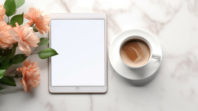 Blank screen tablet ipad computer template on office desk with coffee and flowers for business professionals