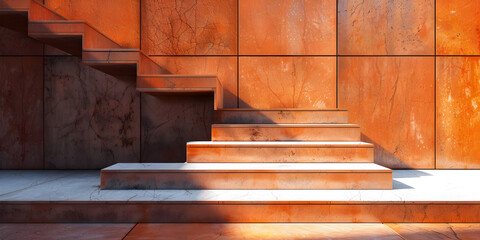 Beautiful pink and orange stair step, The red concrete stairs in the famous building with shadow, Stone staircase leading down from the ancient stone 
