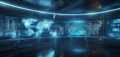 A high-tech command center with multiple holographic displays showing real-time global data flows and cyber security threats, all under a soft blue light. 32k, full ultra hd, high resolution