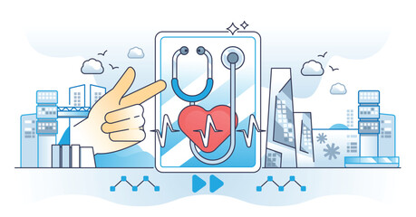 Urgent care EMR or electric medical records database outline hands concept. Information about patient disease diagnostics, health history and treatment vector illustration. Modern digital system.