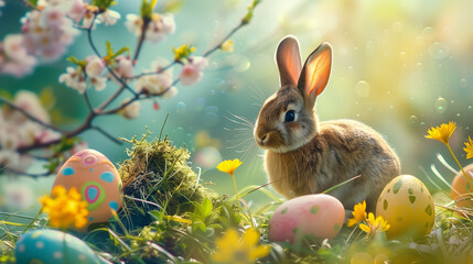 easter bunny and easter eggs pink leaves flower egss day