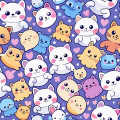 Seamless pattern of tiny ghost kittens cuddling with plush toys, Generative AI