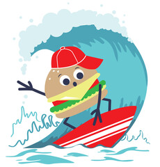 Cartoon burger catches a wave on the surf. Vector illustration.