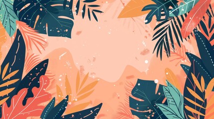 Summer tropical background. Tropical leaves in greens, blues, and warm hues frame a peach center in this vibrant, pattern-rich art piece. Copy space, place for text. Generative AI.