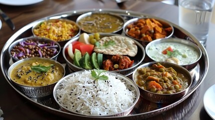 A traditional Indian thali platter filled with a colorful array of curries, rice, lentils, and pickles for a satisfying meal.