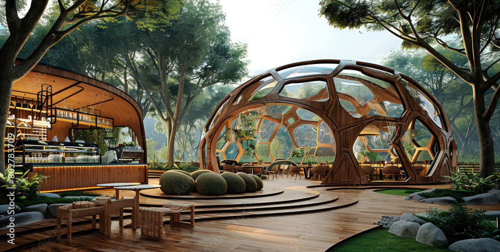 Poster The coffee shop is a semi-circular dome and the structure is made from bamboo. Generative AI.