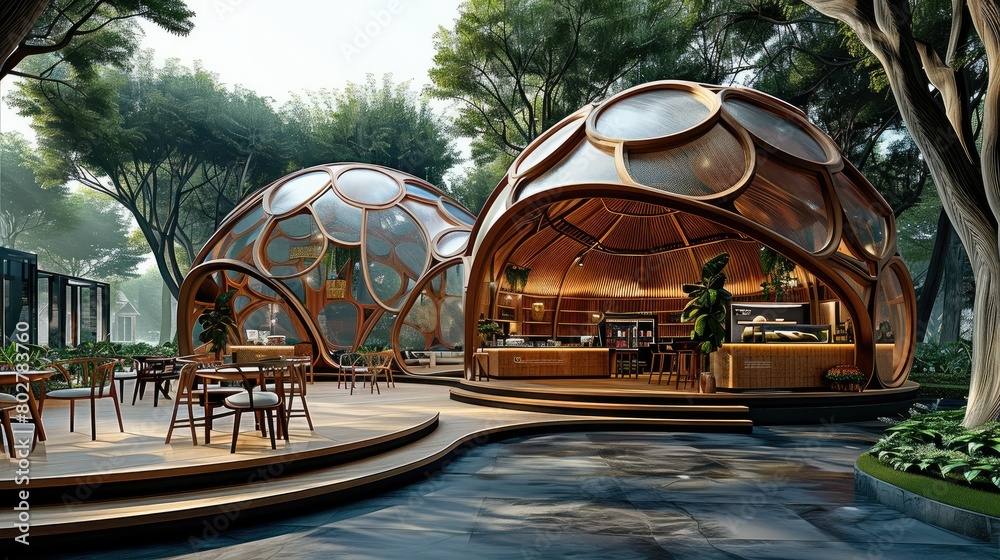 Poster The coffee shop is a semi-circular dome and the structure is made from bamboo. Generative AI.