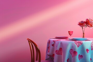A table with a white tablecloth and pink hearts on it