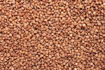 Uncooked, brown buckwheat grains background. Dry buckwheat grains. Top view