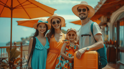 Portrait of a family with their luggage. very happy beautiful faces looking at camera. with orange and blue summer clothing. Generative AI.