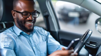 Smiling man in blue shirt using smartphone while sitting in a car. Casual style, modern technology, daily commute. AI