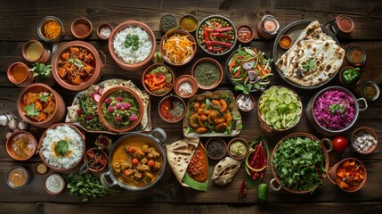 Fototapeta premium A vibrant array of Indian dishes laid out on a rustic wooden table, enticing with rich colors and aromatic spices.