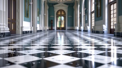 The long corridor inside the building has black and white tile floors.