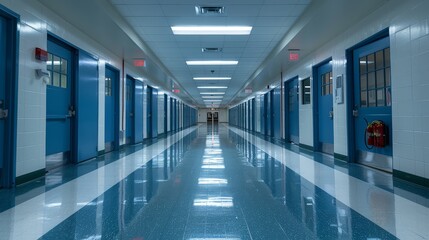 Long corridor inside the building tiled floor green and white