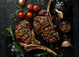 Lamb Chop. Grilled meat on the bone and ingredients. Food flat lay, directly above. Photorealistic illustration generated with Ai, is not based on any specific real image