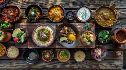 A vibrant array of Indian dishes laid out on a rustic wooden table, enticing with rich colors and aromatic spices.
