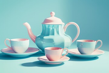 A set of teacups and a teapot are arranged on a colorful table