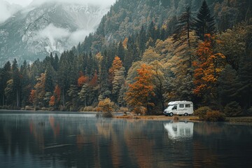 Truck is on the road, traveling, camper van parked by a lake, symbolizing the freedom of road trips and outdoor adventures