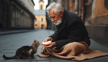 A touching scene of an elderly man sharing a slice of bread with a cat on a city street.