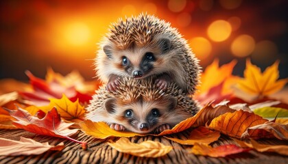 A detailed and engaging image of two young hedgehogs, one playfully climbing over the other,...