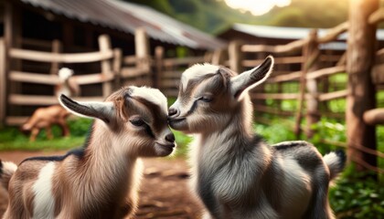 A high-quality, detailed image of two young goats butting heads gently in a playful manner on a farm.