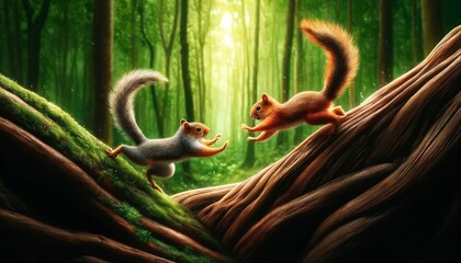 A detailed and vibrant image of two squirrels chasing each other around a tree trunk in a lush forest.