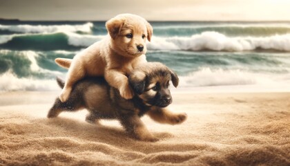 A high-quality, detailed image of two puppies, one climbing over the other, on a sandy beach with waves gently lapping nearby.