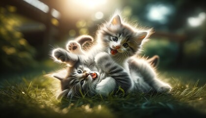 A detailed and focused image of two kittens playfully wrestling in a grassy field, capturing their lively expressions and dynamic movement.