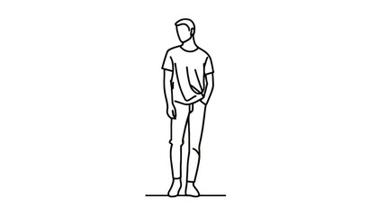 A minimalist line drawing of a figure standing with a slight tilt, suggesting a casual stance, in minimal line art.