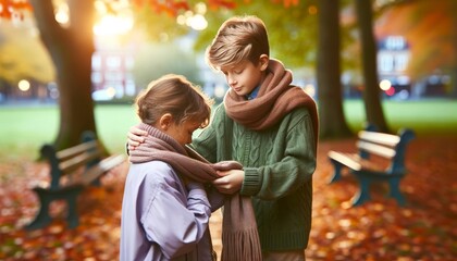 A tender scene of a young boy offering his scarf to a shivering girl during a breezy autumn evening.