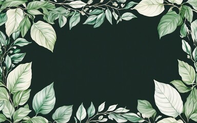 Hand drawn vintage green leaves, green background, empty space for text design.