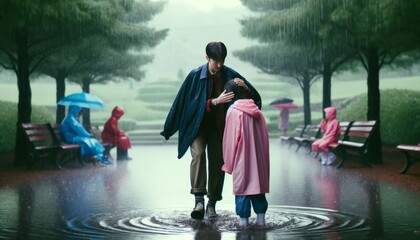 A touching scene of a boy shielding a girl with his jacket as they walk through a puddle-filled park.