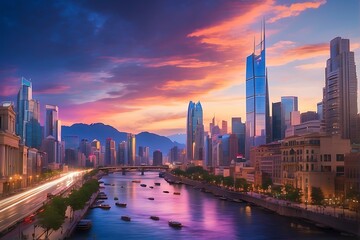 Obraz premium city skyline at sunset: Twilight Metropolis Urban Splendor at Sunset