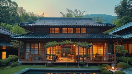 Obraz premium 1-story wooden house, Japanese style, with trellises in front of the house, the house is raised from the ground, there are balconies and terraces around the house. Generative AI.