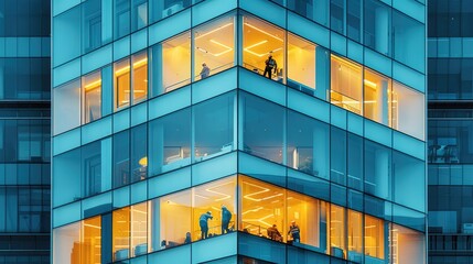 Office buildings, where people working in the office can be seen through the window glass, and workers cleaning the glass outside the office building. Generative AI.