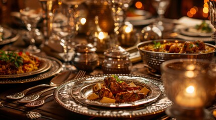 Naklejka premium An elegant dinner setting with ornate silverware and candlelight, featuring a spread of flavorful Indian seafood curry.