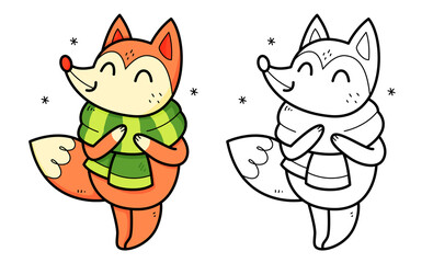 Fox with a scarf coloring book with coloring example for kids. Coloring page with fox with a scarf. Monochrome and color version. children's illustration.