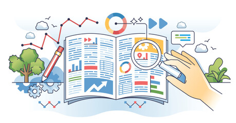 Data journalism and media article information research outline hands concept. Daily paper content fact check and reportage analytics vector illustration. Published newspaper article analyzing.