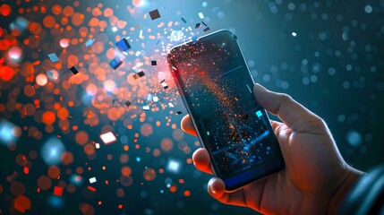 Hand holding a smartphone with digital particles emanating. Conceptual tech imagery. Modern device with abstract data flow. Visual representation of digital communication. AI