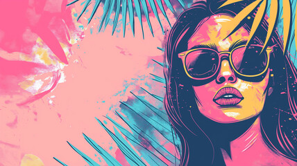 Pop art retro summer concept. Palm leaf and colorful strokes on the background of woman wearing sunglasses. Summer concept holiday, travel, cover and banner backgrounds.